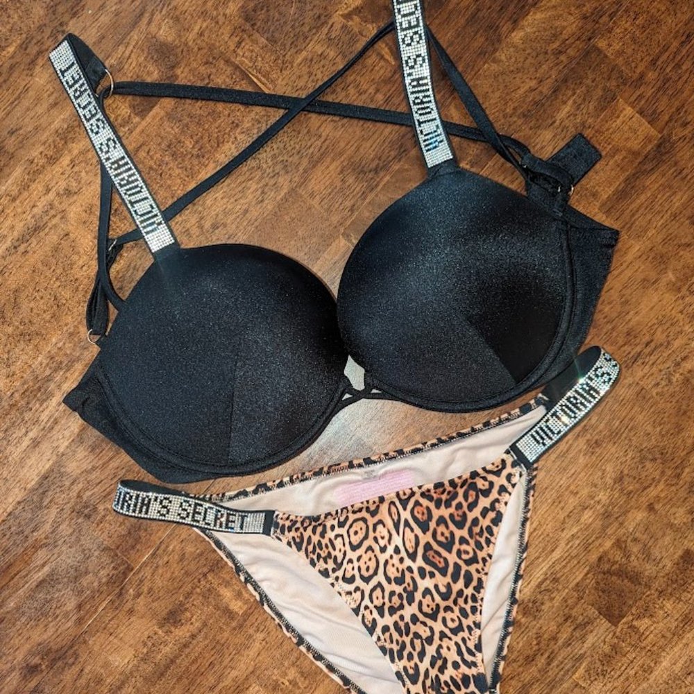 Victoria's Secret Bombshell Bikini Set, Black and Leopard Print, 34DD, M